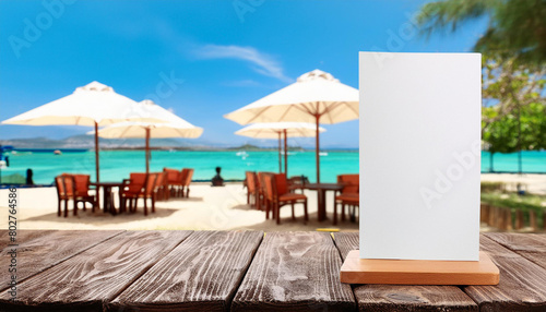 Three-Dimensional Blank Table Tent Mockup for Eatery Menu  blurred beach bar background