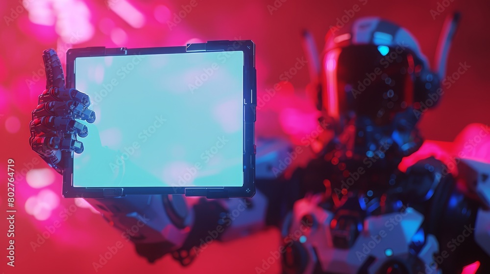 Fototapeta premium Robot holds a white sign with free space. colorful background