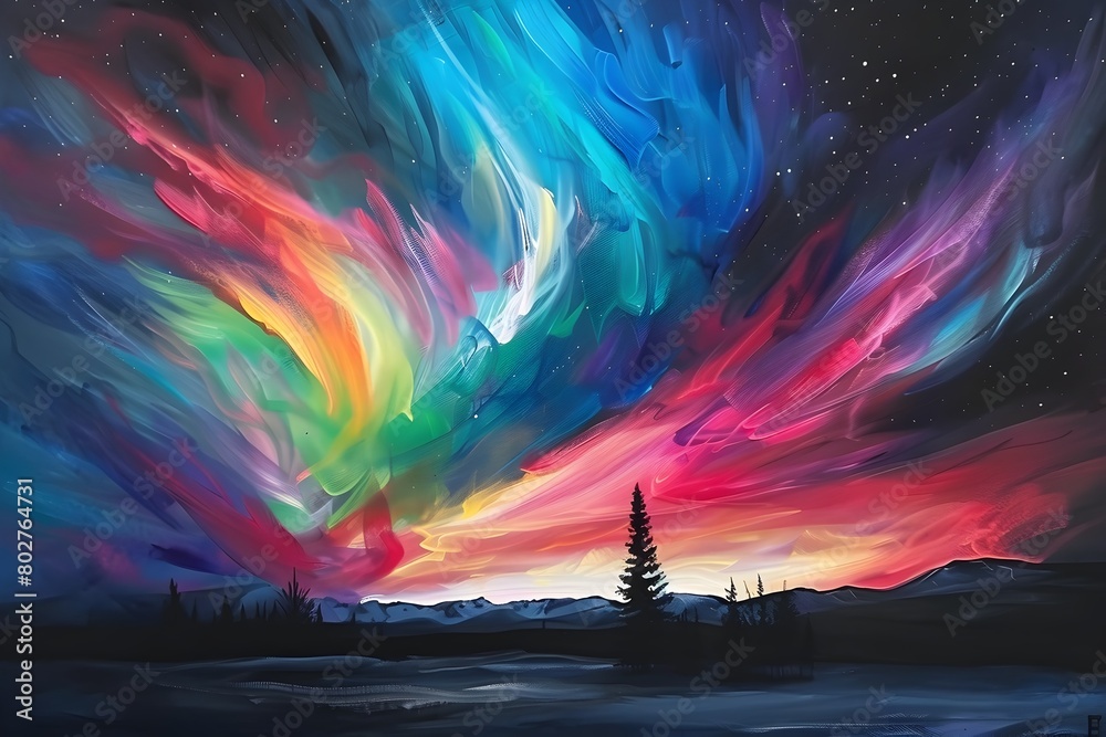 Majestic Aurora Borealis Painting Showcases Vibrant Celestial Light Phenomenon Across Dramatic Night Landscape
