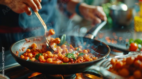 A chef seasoning a sizzling pan of chana masala with aromatic spices, creating a mouthwatering aroma in the kitchen.