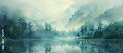 A serene watercolor painting capturing the beauty of nature  featuring a misty forest and a tranquil river  untouched by human presence.