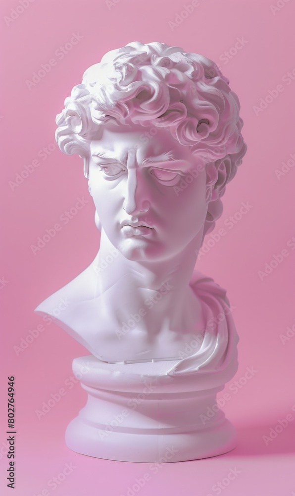 greek statue with funky pose, in the cyan and magenta style of contemporary art, pink background.