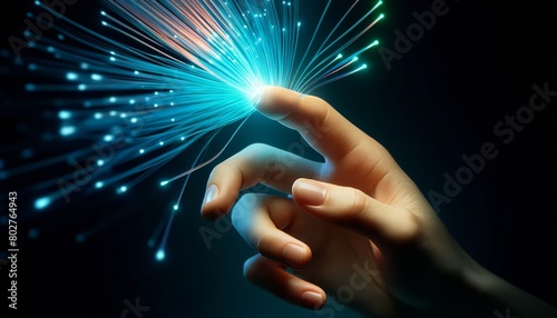 A hand reaching out with fingertips that transform into fiber optic cables, merging human touch with digital connectivity.