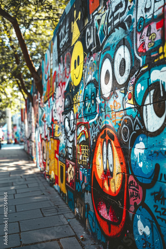 Vibrant and intricate graffiti artwork covering a large wall in a bustling city park  showcasing expressive characters and colorful designs.