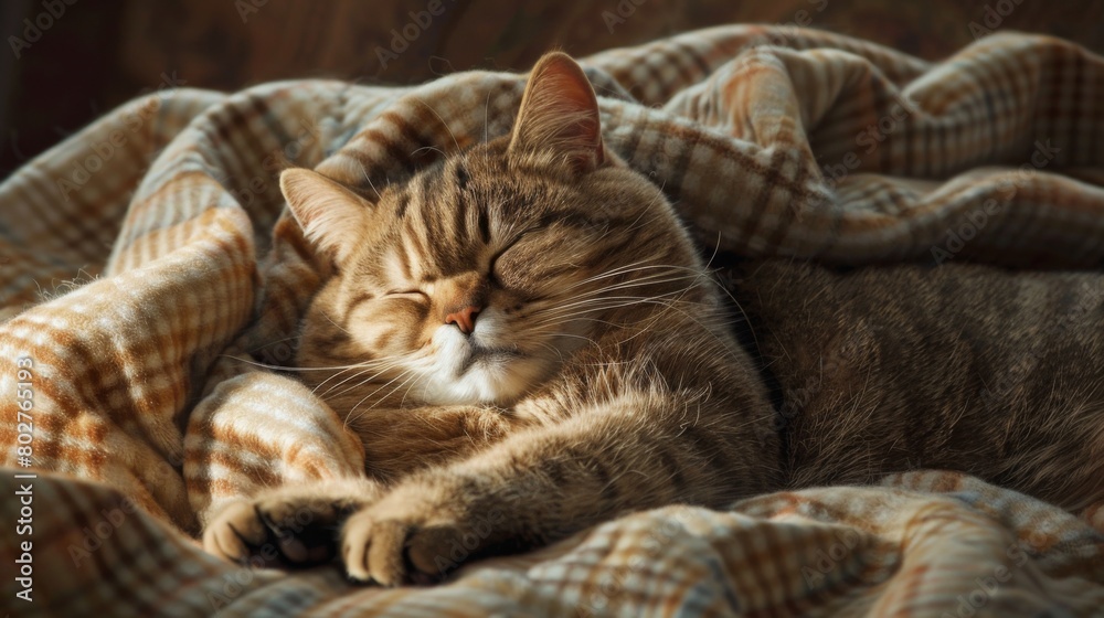A chubby cat snoozing on a soft blanket, its round belly providing a cushiony perch for a nap. A chubby cat snoozing on a soft blanket, its round belly providing a cushiony perch for a nap.