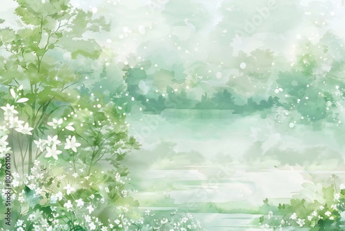 Watercolor spring landscape with green trees and white flowers, Hand drawn illustration
