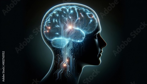 The silhouette of a person's profile where the brain is depicted as an intricate network of glowing circuits and data streams.