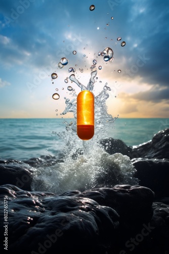 Capsule pill jumping out of the middle of the ocean with a splash