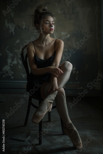 photo of tall gorgeous woman sitting on chair in dark room, wearing black top and ballet shoes with pointe shoe soles, hair up, posing for photo shoot, soft light