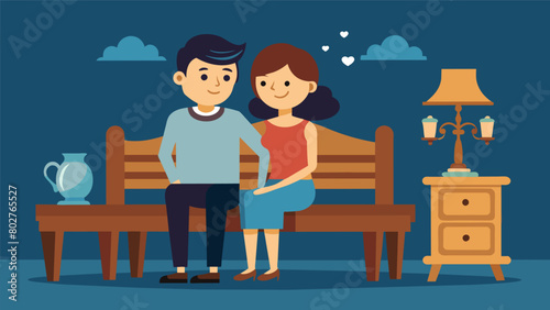 The couple sitting on an old wooden bench admiring the beautiful antique furniture around them with content smiles on their faces.. Vector illustration