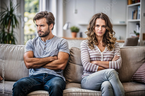 Man and woman sitting on a couch with their arms crossed, both looking away from each other. Family crisis concept