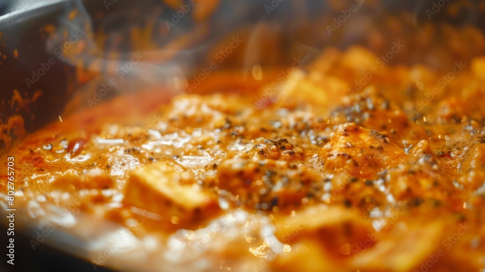 A close-up of a bubbling pot of creamy paneer tikka masala, the vibrant colors and rich textures inviting a taste. A close-up of a bubbling pot of creamy paneer tikka masala, the vibrant colors and rich textures inviting a taste.