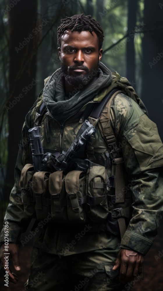 Soldier portrait with green camouflage and jungle color hues