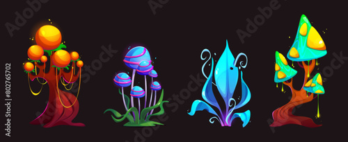 Fantasy alien mushroom. Magic plant cartoon forest set. Fairy tale nature clipart. Fantastic flower and fungus design for wonderland landscape. Psychedelic flora for unusual colorful planet for game photo