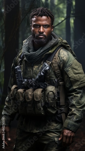 Soldier portrait with green camouflage and jungle color hues