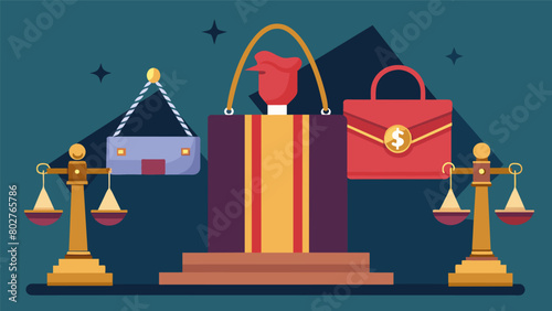 A showcase of timeless elegance and highend fashion as secondhand luxury bags are put up for auction and sold to the highest bidder.. Vector illustration