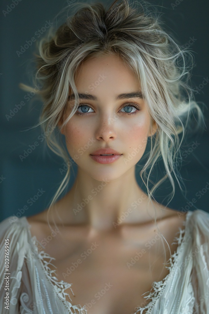 Portrait of beautiful blonde girl with makeup in fashion white dress