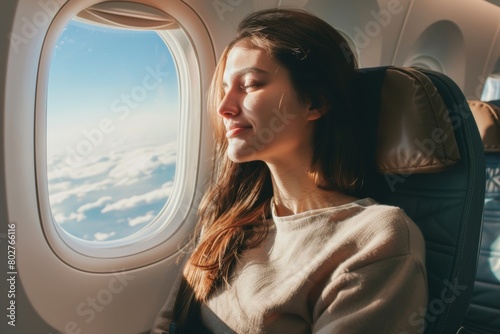 Young woman traveling by plane looking out the window. photo
