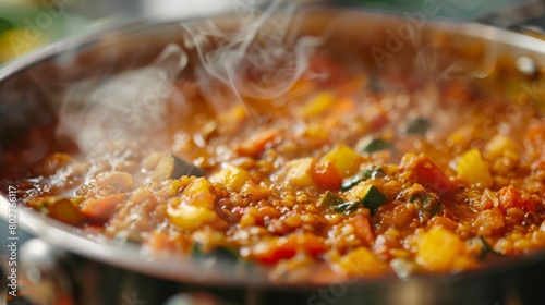 A close-up of a bubbling pot of vegetable razala curry, the rich aroma of spices filling the kitchen with warmth and flavor.