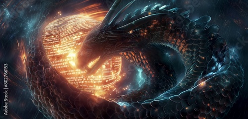 A cybernetic dragon wrapped around a glowing orb of data, its scales shimmering with digital patterns, guarding the core of cyber security knowledge against intruders. 