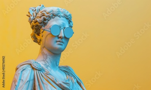 greek statue with glasses funky pose, in the cyan and magenta style of contemporary art, yellow background.