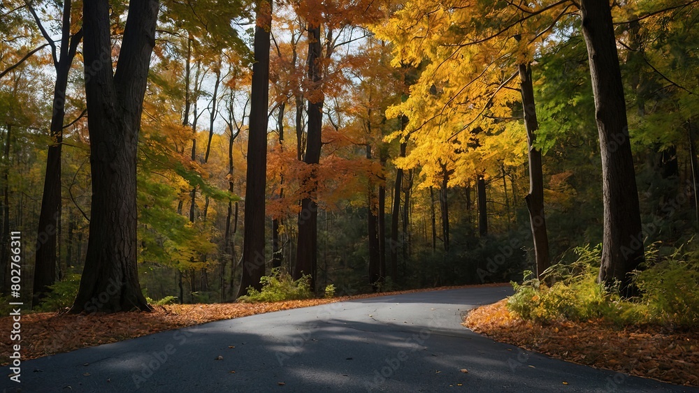 Autumn Trees Along a Driveway Beautiful Green Forest Meets Road, Scenic Autumn Drive Beautiful Trees and Green Forest Along Asphalt Road, Green Forest and Autumn Trees A Beautiful Scene Along an Aspha