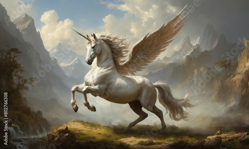 Fantasy Illustration of a wild unicorn Horse. Digital art style wallpaper background in pastel colors.