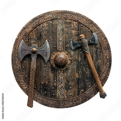 Viking shields and axes isolated on a transparent background 
 photo