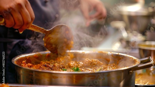 A close-up of a chef stirring a simmering pot of chicken razala, the rich aroma of spices wafting through the kitchen.