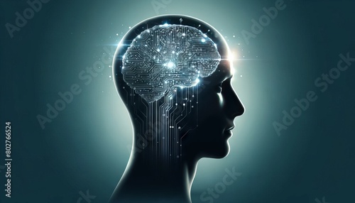 An image of an outline of a human head in profile view with the brain area filled with circuitry, illustrating the concept of artificial intelligent. photo