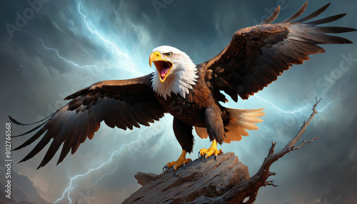 Fantasy Illustration of a wild eagle bird. Digital art style wallpaper background. © Roman