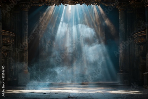 Theater stage with smoke and rays of light,   rendering photo