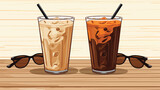 Glasses of tasty frappe coffee on wooden table Vector