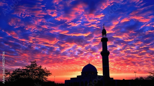 A mosque dome and minaret silhouette against a colorful sky  symbolizing prayer time.