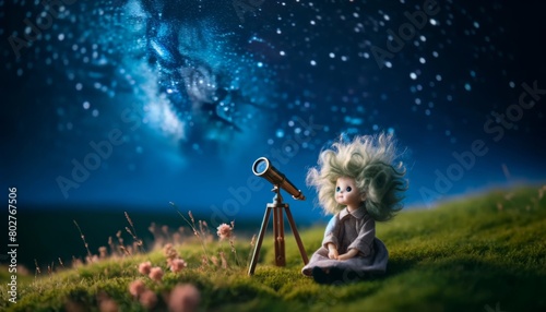 A charming image of a small, doll-like girl with wild, tousled hair, sitting on a grassy hill under a starry night sky. photo