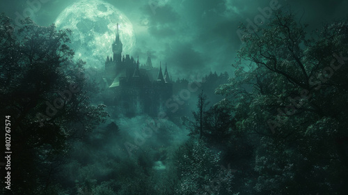 A magical castle in a dense, mystical forest, bathed in moonlight, evoking a sense of enchantment and mystery.