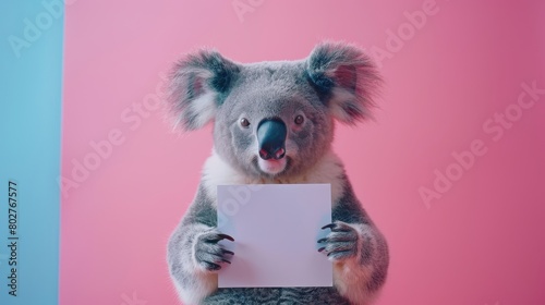 Cute koala holding a blank white sign