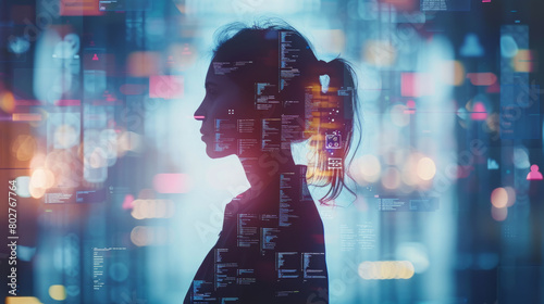 A creative blend of human and technology icons in a double exposure image depicting document management.