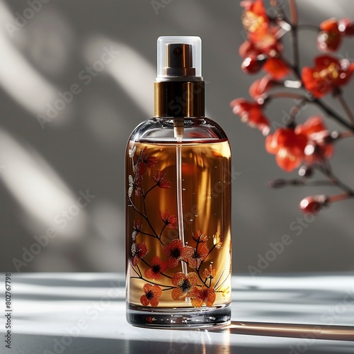 Bottle of perfume on the table with a branch of red flowers