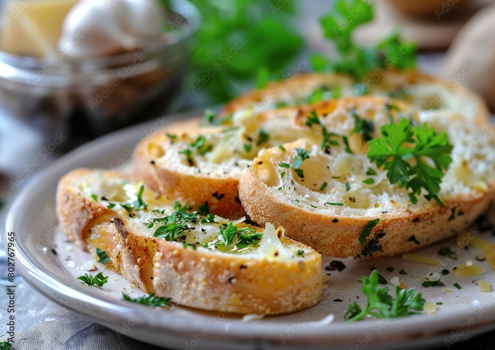 Fresh Garlic Bread with Parmesan Cheese and Parsley on Ceramic Plate