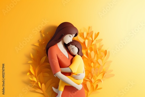 Mother is holding her baby child in papercut style on a pastel color background. Mother day.