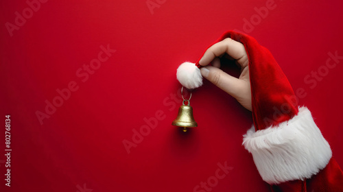 Santa hand with Christmas bell on red background