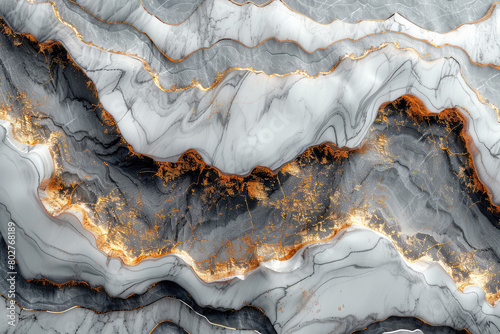 Abstract marble pattern with black, grey and white color palette and golden veins. Created with Ai
