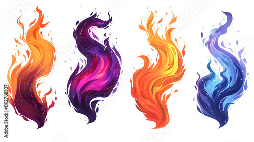 Set of colorful fires of flames and burning sparks isolated on white background photo