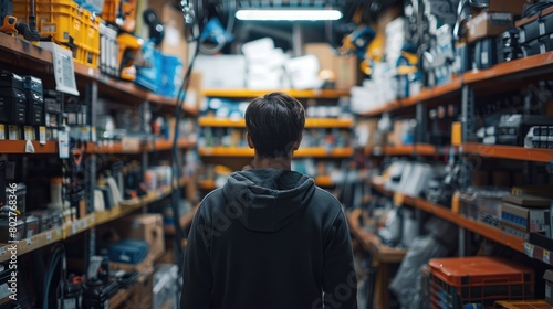 An electrician in a storeroom of electrical supplies. Generative AI. © visoot