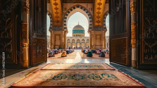 A mosque door opening to a beautiful view of worshippers in prostration. 
