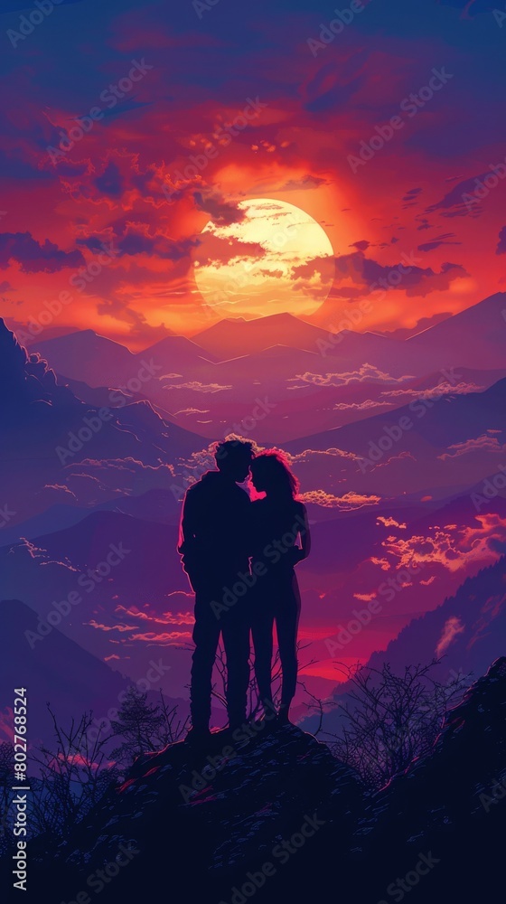 Fototapeta premium silhouette of man and woman Standing and hugging each other, show love. Generated-AI