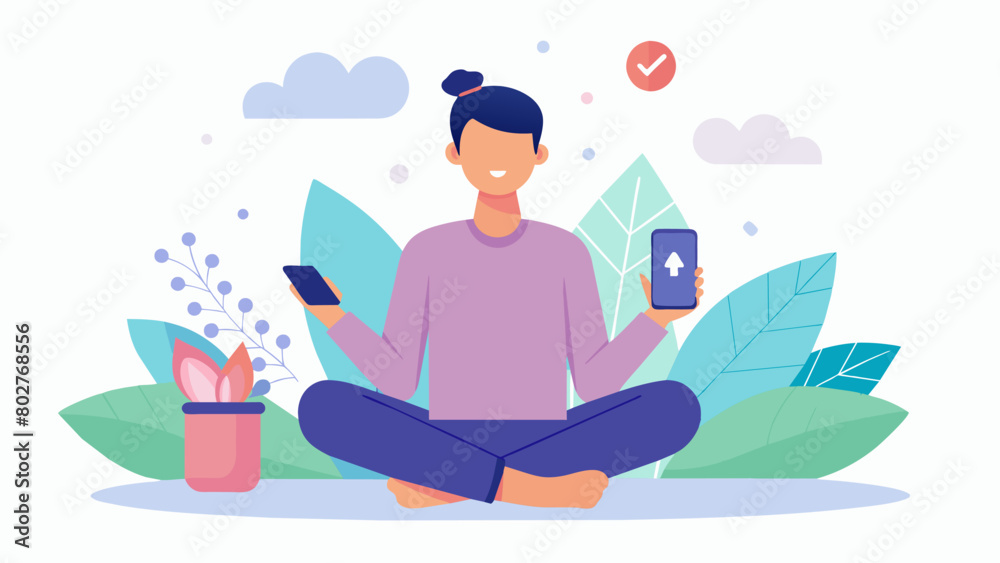 A person using a meditation app on their phone the calming voice and guided exercises helping them to manage their anxiety and relax.. Vector illustration