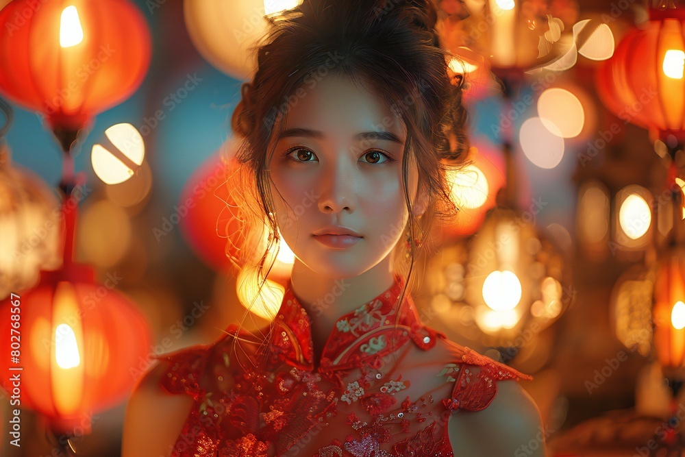 Beautiful asian girl in traditional cheongsam dress with lanterns