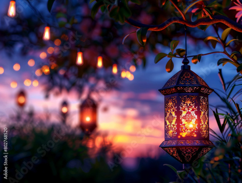 majestic beautiful ornamental Arabic lantern with burning candle glowing at night. Festive greeting card, invitation for Muslim holy month Ramadan Kareem. Generated-AI